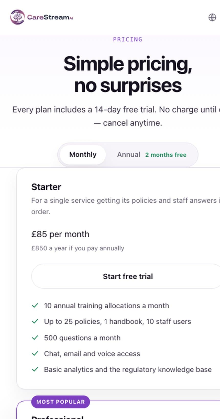 An image showcasing the custom development CareStreamAI tool TRG Digital built on a mobile view showing the prices for the monthly subscription