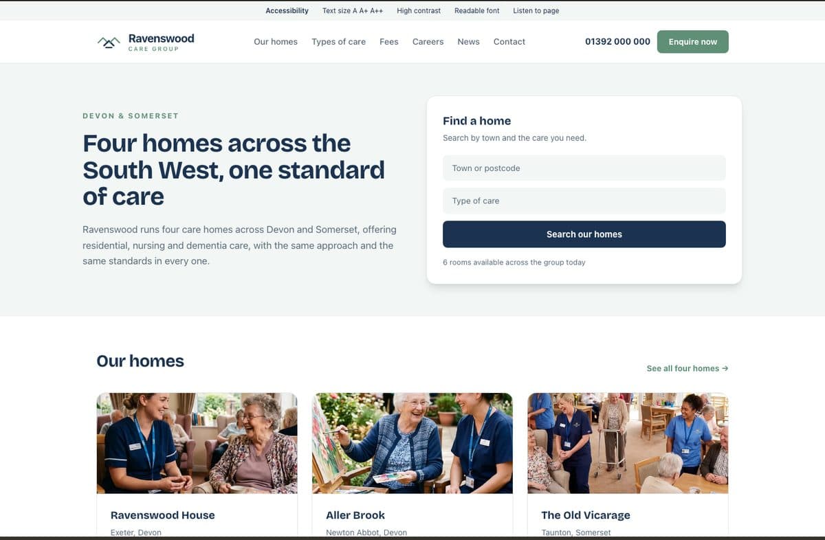 Ravenswood, a care group website design